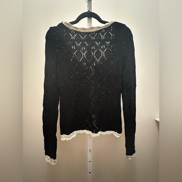 NWT Free People Adelene Pointelle Cardigan S in Black Creme - Picture 5 of 9